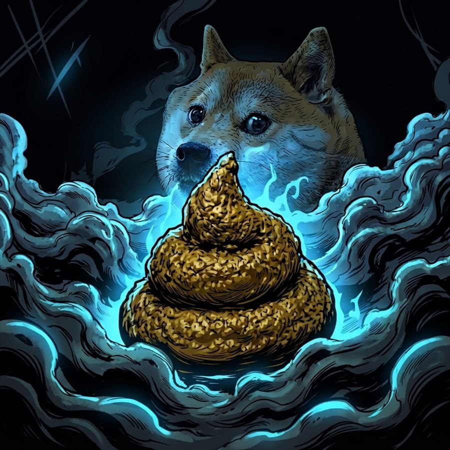 DOGSHIT — a glowing golden turd guarded by a shiba