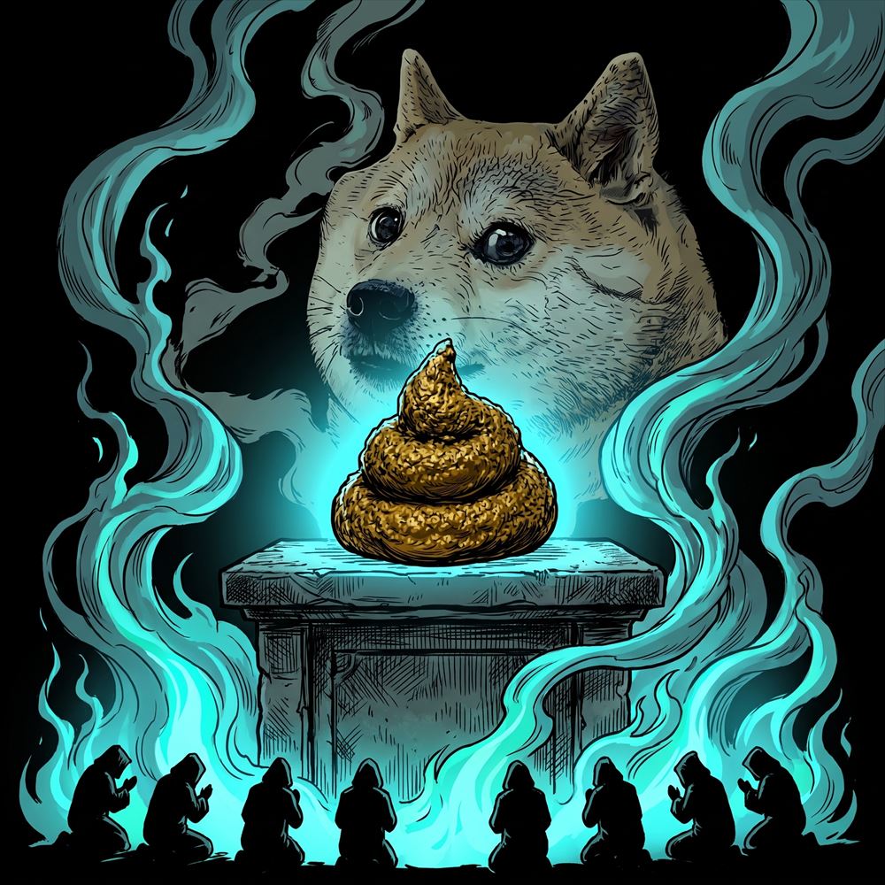 Believers kneeling before a glowing golden turd on a stone altar